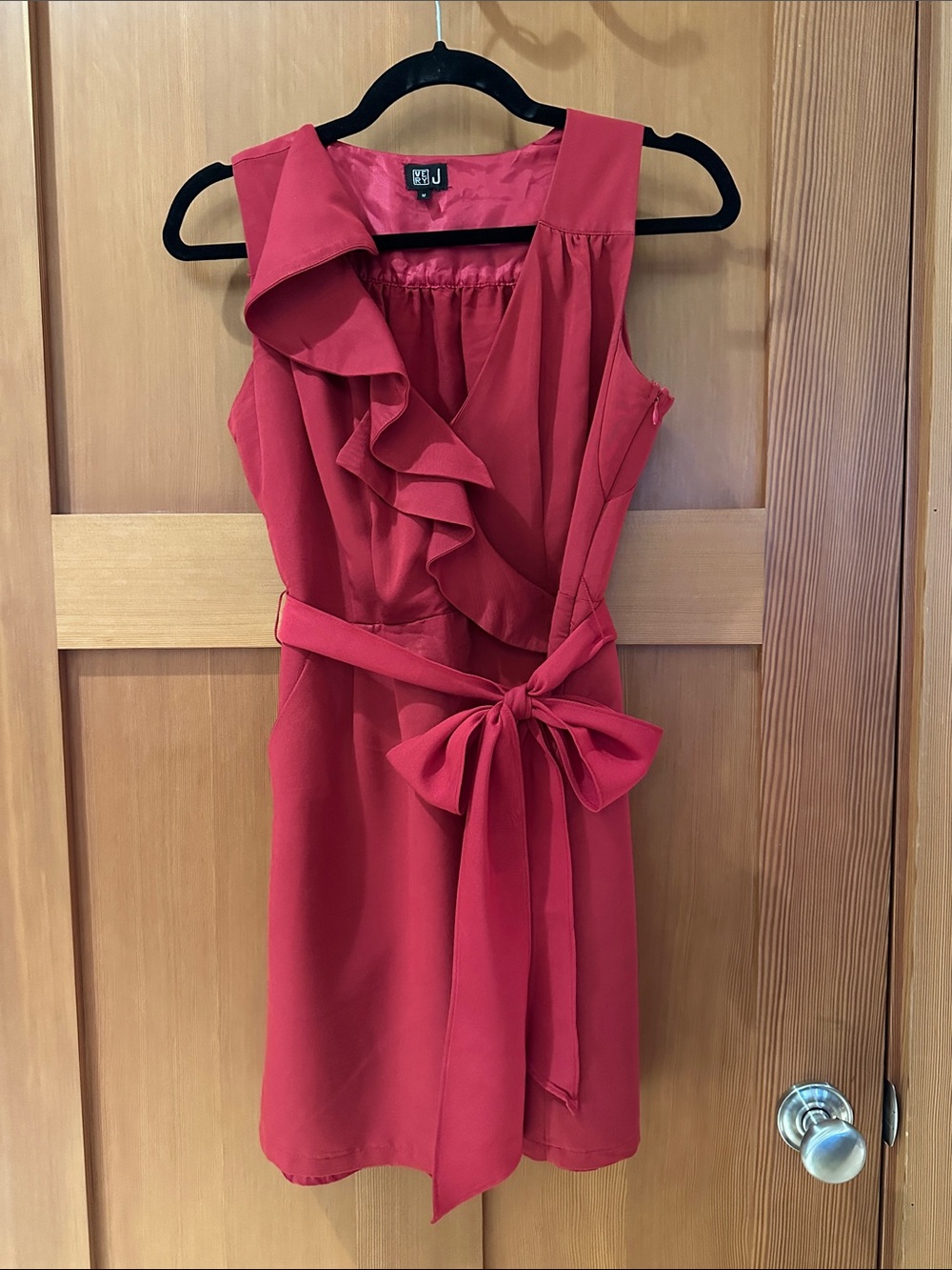Very J Red Ruffle-Collared Faux-Wrap Dress